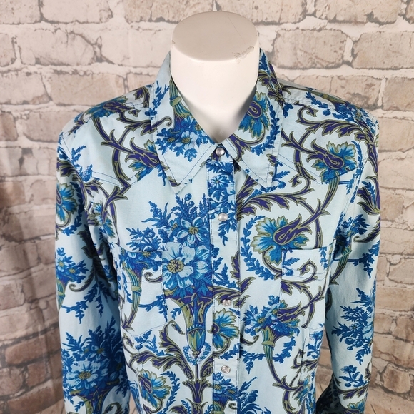 Roper Floral Pearl Snap Western Shirt  Powder Blue Feminine Cowgirl Size Large - Picture 4 of 15